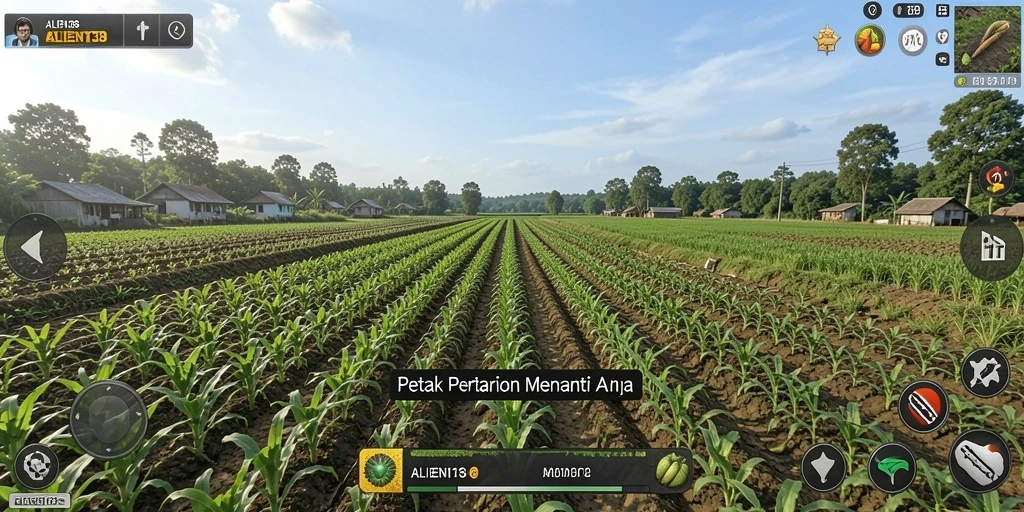 Screenshot gameplay ALIEN138 dengan lahan pertanian yang indah.