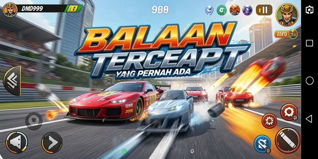 Screenshot gameplay DMD999 yang menampilkan aksi balapan yang seru.