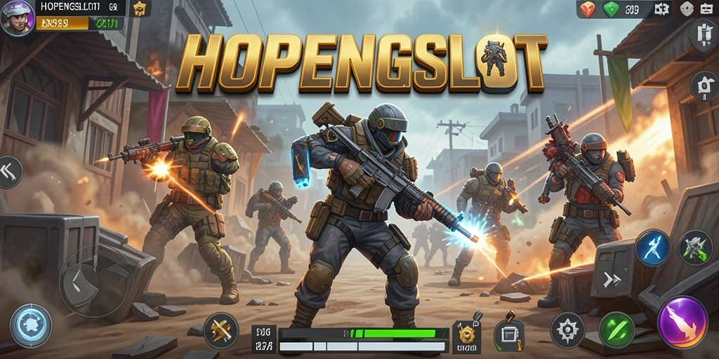 Gameplay HOPENGSLOT menampilkan aksi seru dalam arena Battle Royale.