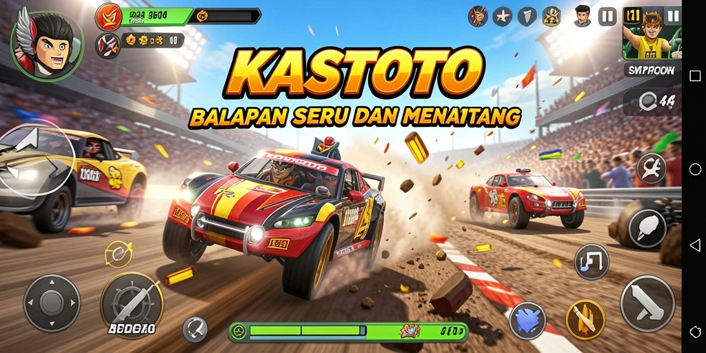Tangkapan layar gameplay KASTOTO yang menunjukkan balapan mendebarkan.