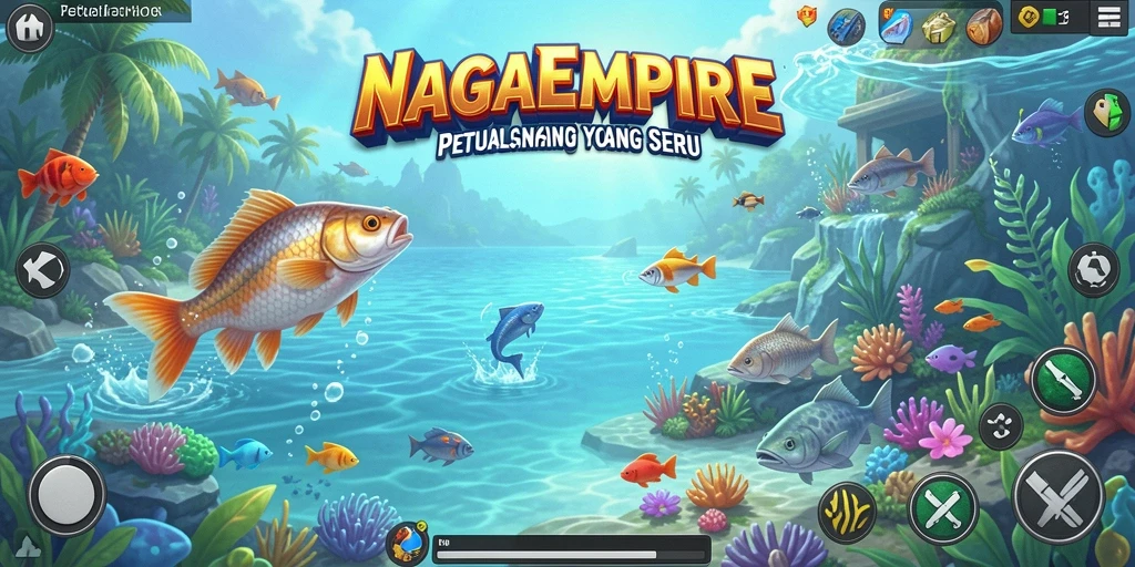 Screenshot gameplay NAGAEMPIRE yang menunjukkan aksi memancing seru.