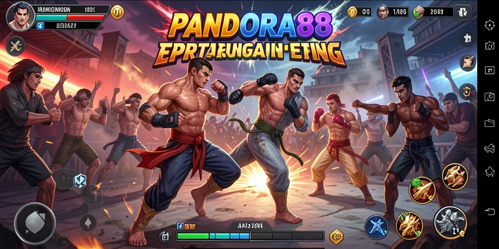 Screenshot menunjukkan pertarungan intens dalam PANDORA88 dengan karakter yang beraksi.