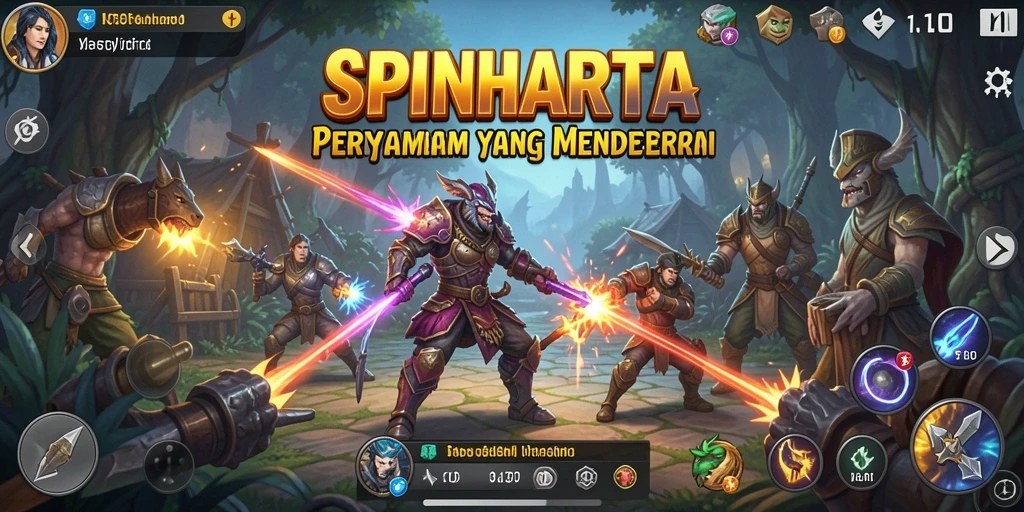 Screenshot gameplay SPINHARTA yang menunjukkan pertempuran strategi.