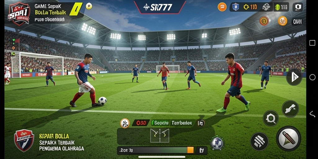 Screenshot gameplay SR777 menampilkan aksi pertandingan sepak bola yang intens.