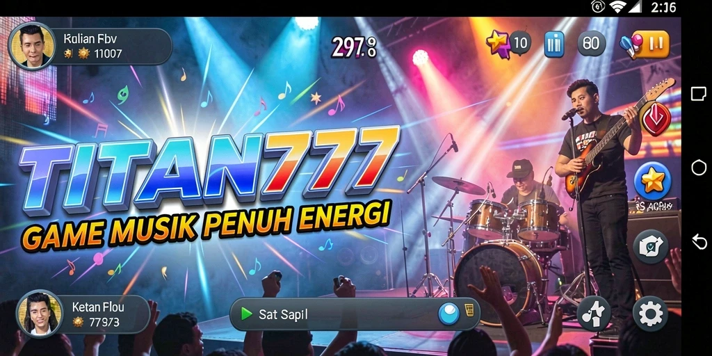 Tampilan gameplay seru dengan alat musik interaktif di TITAN777.